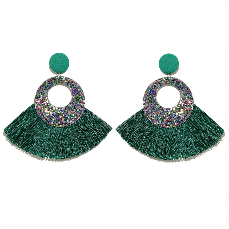 Fan Shaped Fashion Bohemian Big Tassel Drop Earrings w/ Hollow Gold Circle