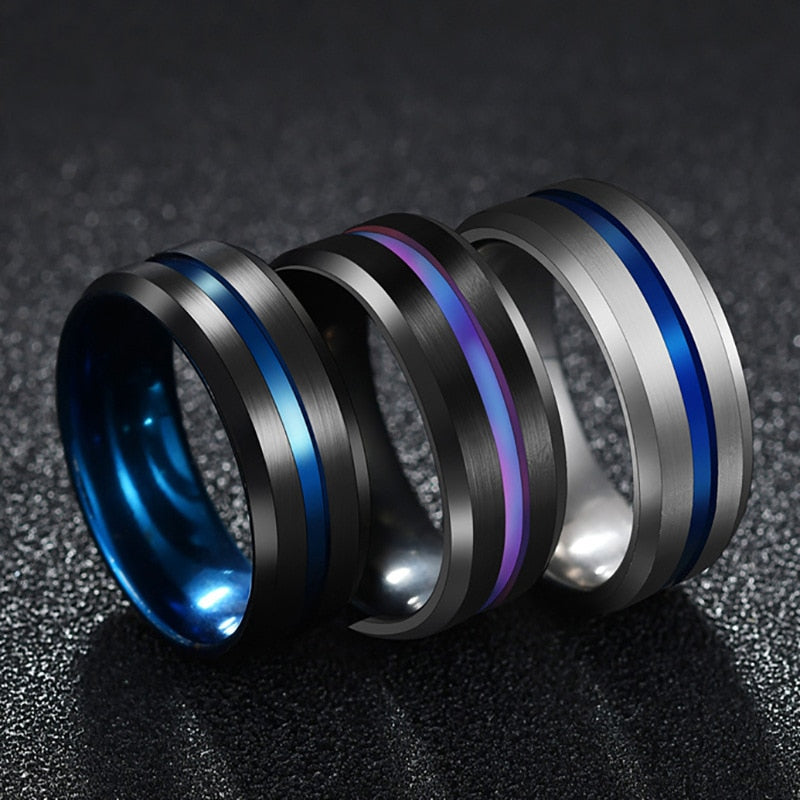 Elite Stainless steel Black Titanium Rainbow Groove Rings - Unisex Ring