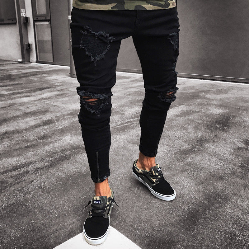 Cool Designer Black Ripped Skinny Slim Fit Jeans for Men