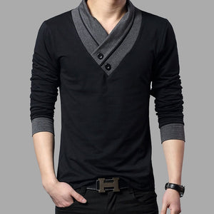 Wrap Collar Design Long Sleeve Men's T-shirts