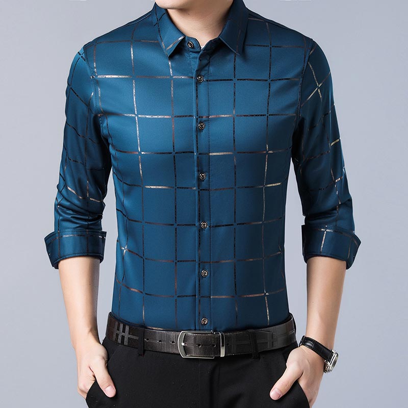 Luxury Plaid Long Sleeve Slim Fit Men's Shirt