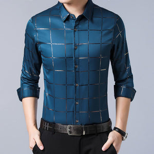 Luxury Plaid Long Sleeve Slim Fit Men's Shirt