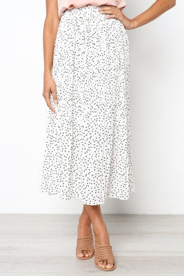 Polka/Floral Print Pleated Midi Skirt - Women's Elastic Side Pockets Skirts