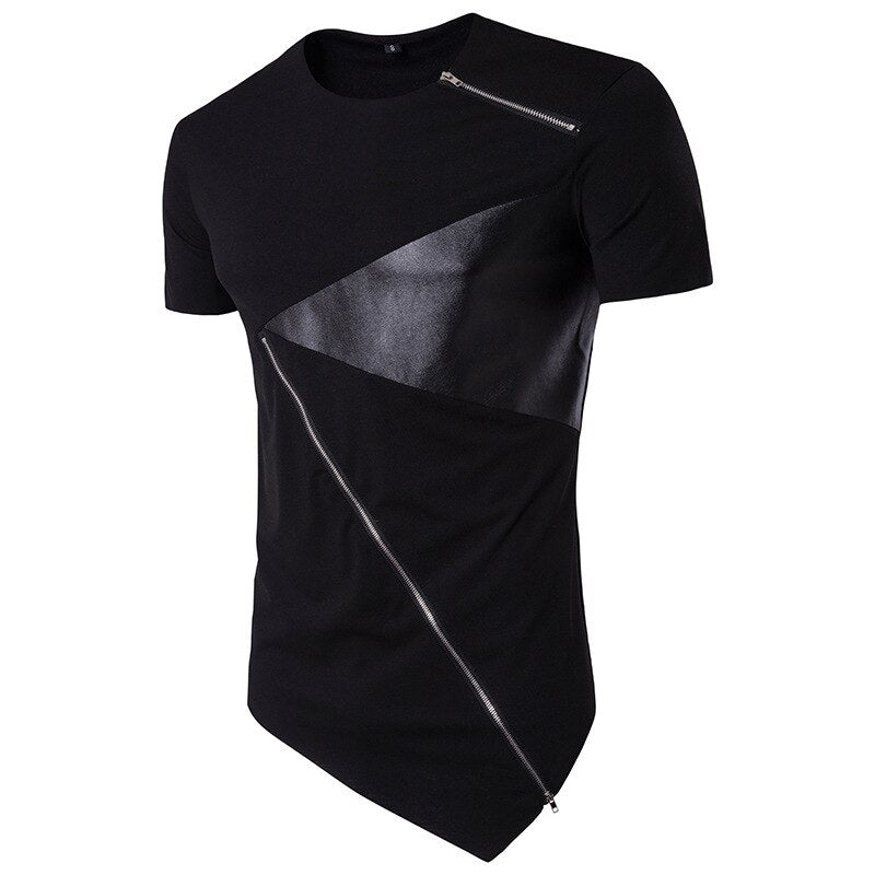 Diagonal Patchwork Leather Zipper Men's Short Sleeve T-Shirt