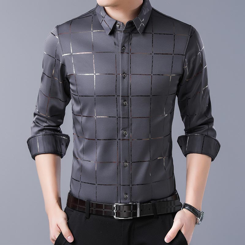 Luxury Plaid Long Sleeve Slim Fit Men's Shirt