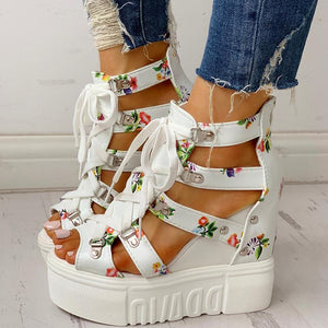 Unique Pattern Lace-up High Heel Wedges