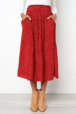 Load image into Gallery viewer, Polka/Floral Print Pleated Midi Skirt - Women&#39;s Elastic Side Pockets Skirts
