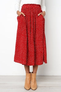 Polka/Floral Print Pleated Midi Skirt - Women's Elastic Side Pockets Skirts