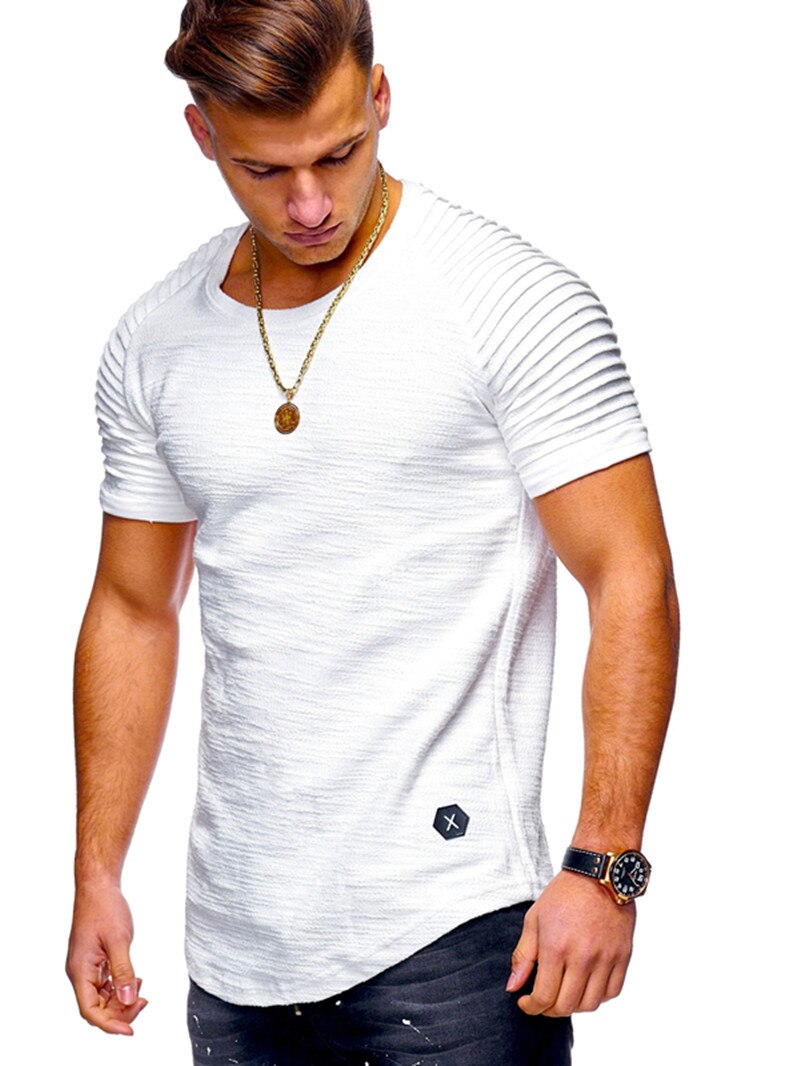 Fashionable Pleated Patch Detail Round Neck Men's T-Shirt