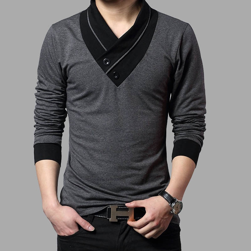 Wrap Collar Design Long Sleeve Men's T-shirts