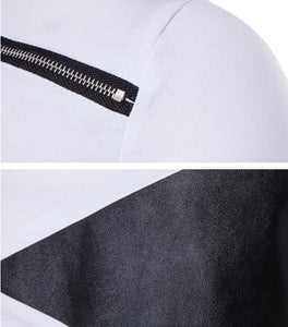 Diagonal Patchwork Leather Zipper Men's Short Sleeve T-Shirt