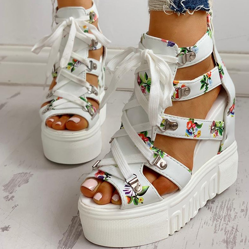 Unique Pattern Lace-up High Heel Wedges