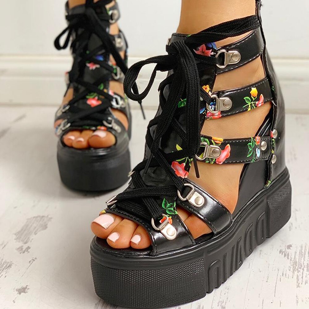 Unique Pattern Lace-up High Heel Wedges