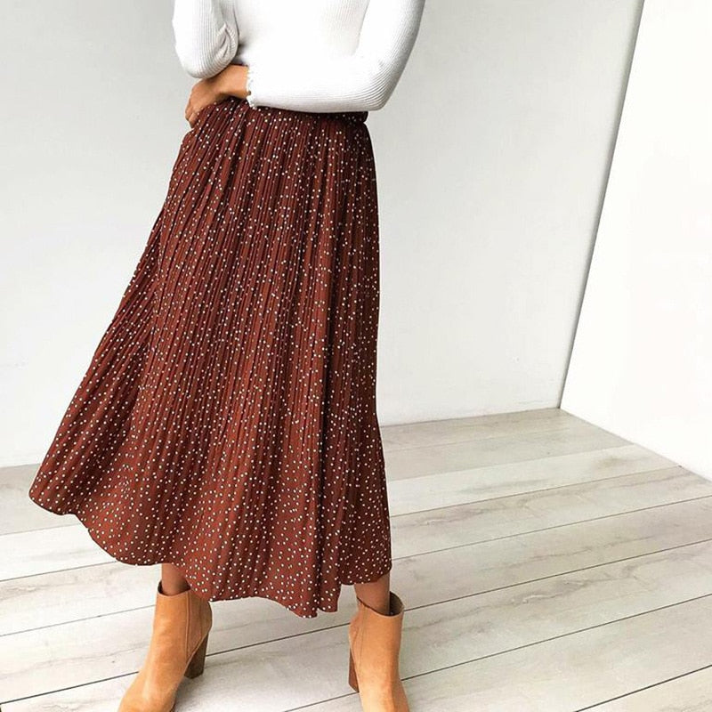 Polka/Floral Print Pleated Midi Skirt - Women's Elastic Side Pockets Skirts