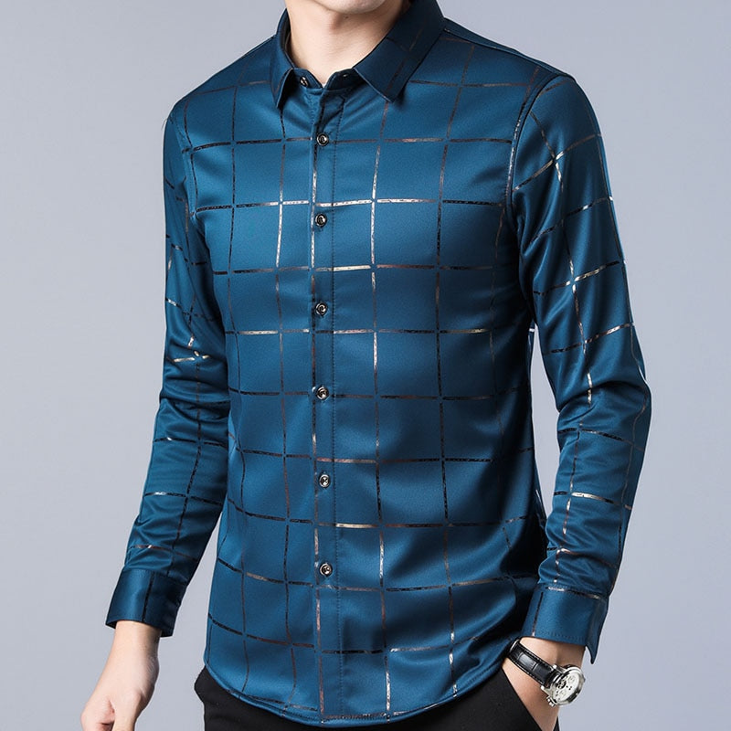 Luxury Plaid Long Sleeve Slim Fit Men's Shirt