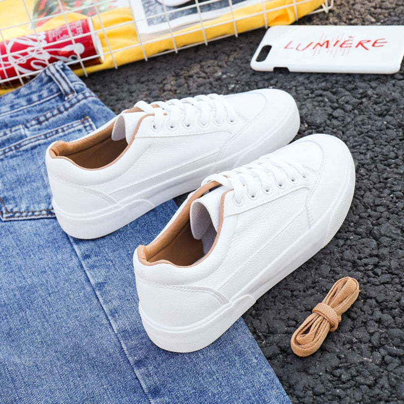 Women's White Flat Lace-up Sneakers