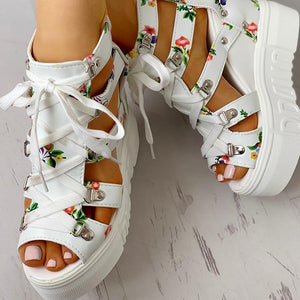 Unique Pattern Lace-up High Heel Wedges