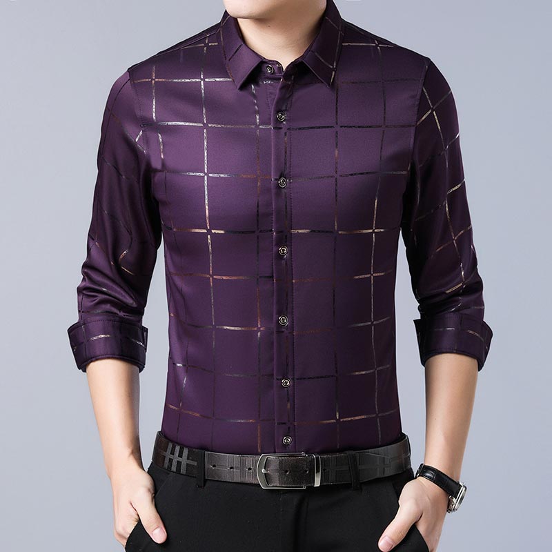 Luxury Plaid Long Sleeve Slim Fit Men's Shirt