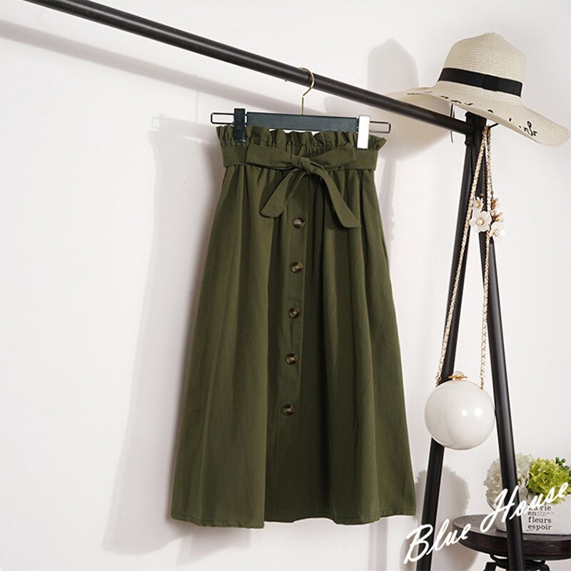 Buttoned High Waist Skirt - Women's Midi Skirt