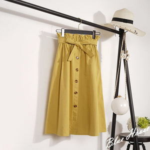 Buttoned High Waist Skirt - Women's Midi Skirt