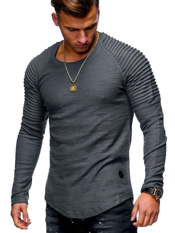 Fashionable Pleated Patch Detail Round Neck Men's T-Shirt