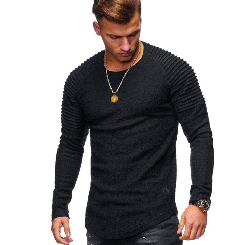 Fashionable Pleated Patch Detail Round Neck Men's T-Shirt