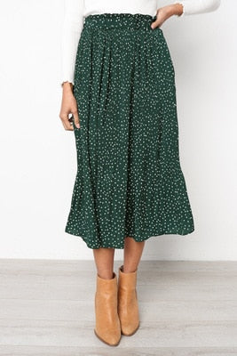 Polka/Floral Print Pleated Midi Skirt - Women's Elastic Side Pockets Skirts