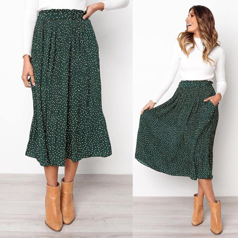 Polka/Floral Print Pleated Midi Skirt - Women's Elastic Side Pockets Skirts