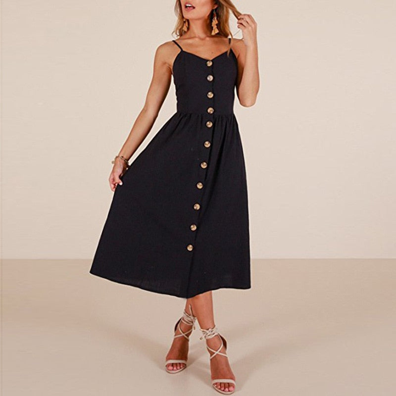 Casual Buttoned Down Shoulder Strap Women's Dress