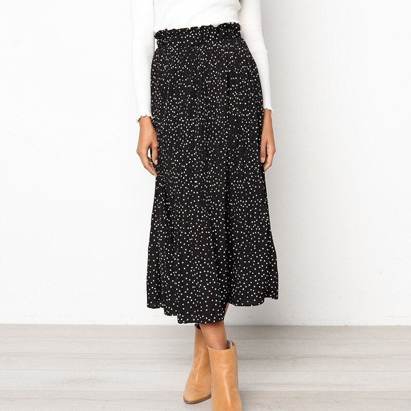 Polka/Floral Print Pleated Midi Skirt - Women's Elastic Side Pockets Skirts