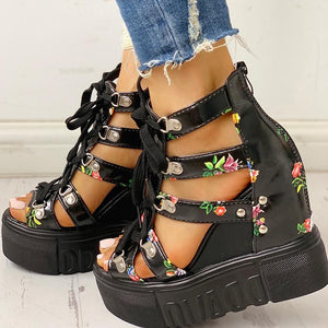 Unique Pattern Lace-up High Heel Wedges