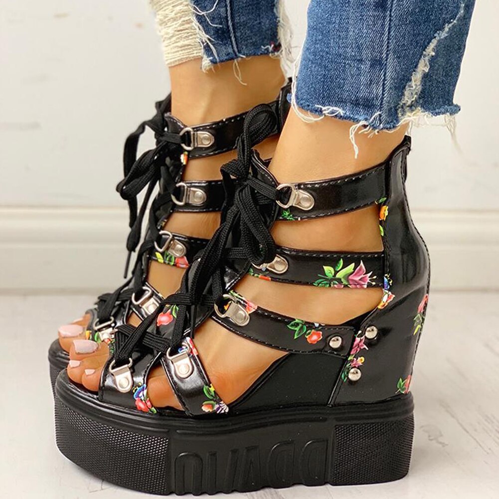 Unique Pattern Lace-up High Heel Wedges