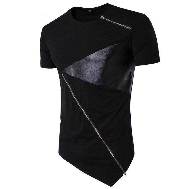 Diagonal Patchwork Leather Zipper Men's Short Sleeve T-Shirt