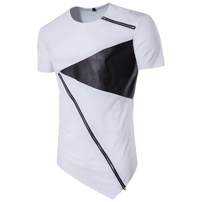 Diagonal Patchwork Leather Zipper Men's Short Sleeve T-Shirt