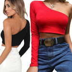 Load image into Gallery viewer, Unique One Shoulder Slope Neckline T-Shirt - Women&#39;s Crop Top
