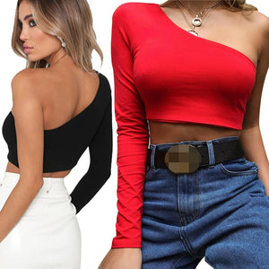 Unique One Shoulder Slope Neckline T-Shirt - Women's Crop Top