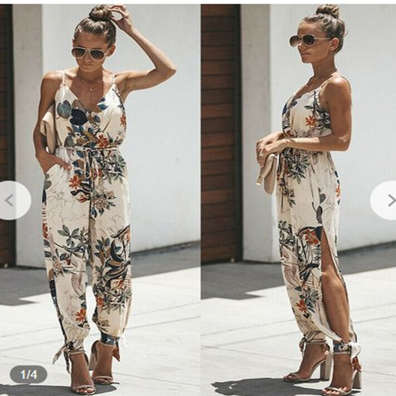 Women's Floral Side Split & Ankle Strap Pant Romper