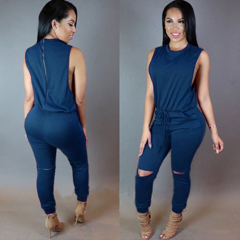 Women's Zipper Romper - Sexy Ripped Pant Jumpsuit