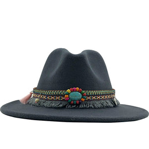 Wool Felt Fedora with Bohemian Tassel Strap - Men's Hat