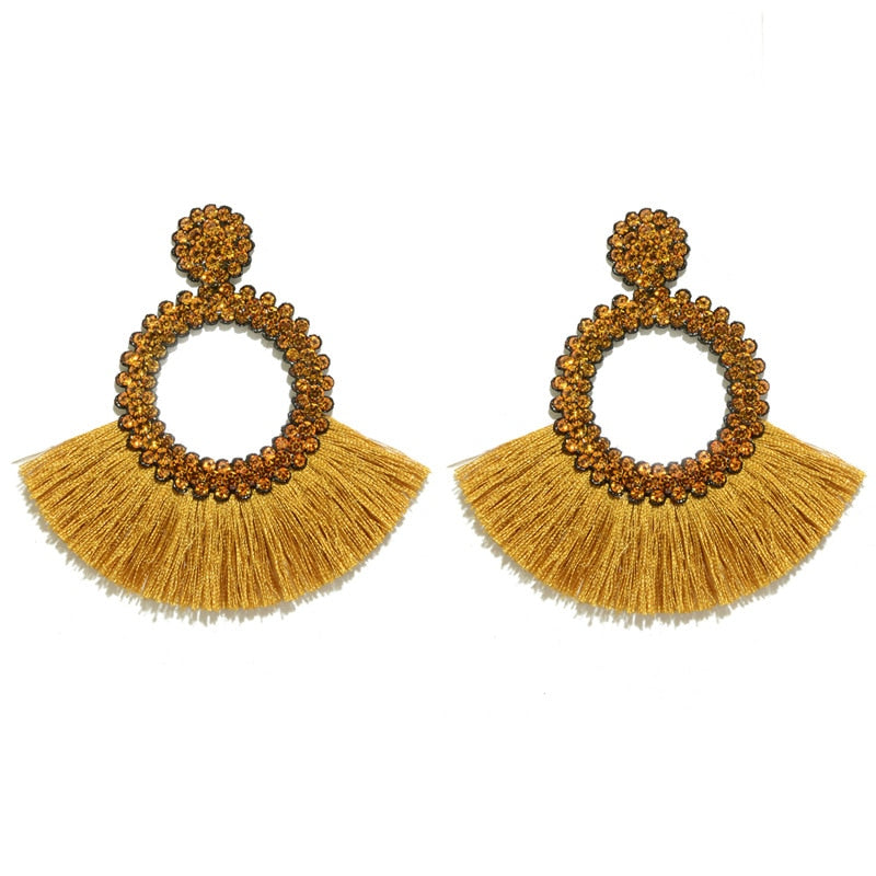 Fan Shaped Fashion Bohemian Big Tassel Drop Earrings w/ Hollow Gold Circle