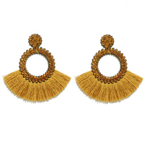 Fan Shaped Fashion Bohemian Big Tassel Drop Earrings w/ Hollow Gold Circle