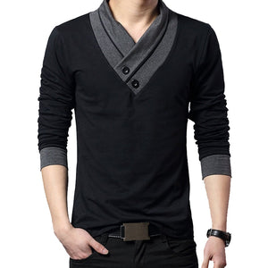 Wrap Collar Design Long Sleeve Men's T-shirts