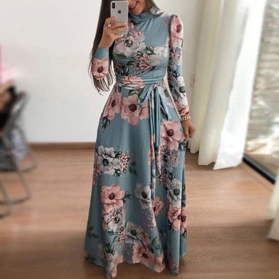 Women's Floral Long Dress - Turtleneck Dress