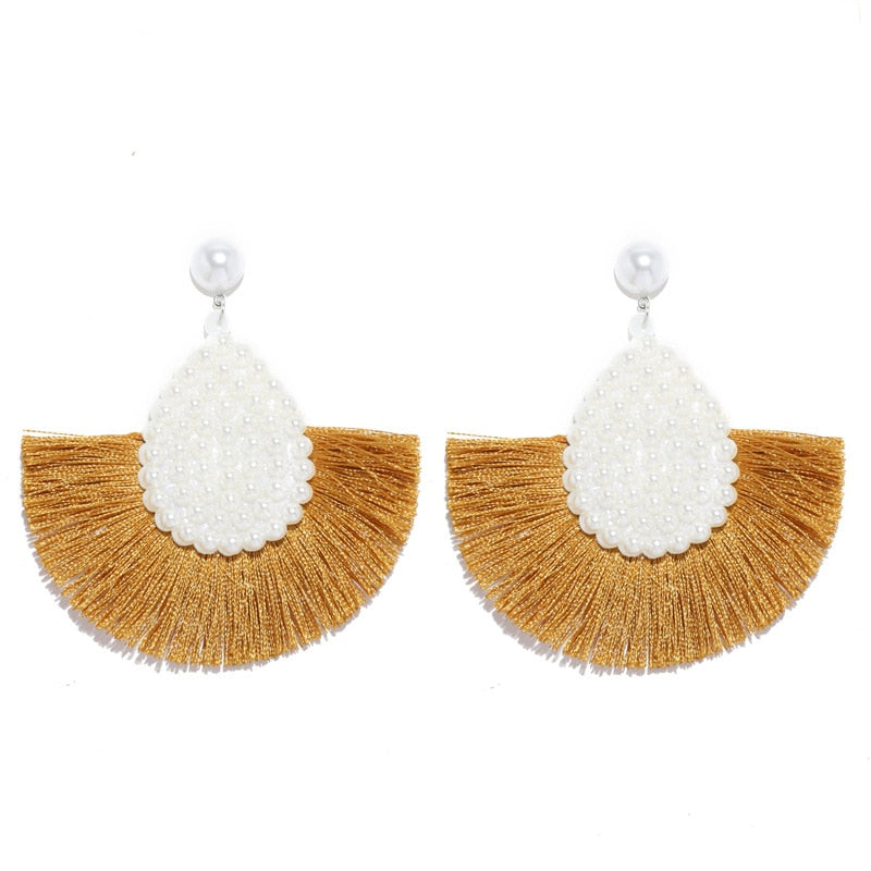 Fan Shaped Fashion Bohemian Big Tassel Drop Earrings w/ Hollow Gold Circle