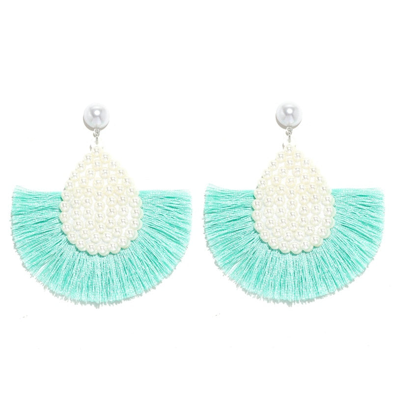 Fan Shaped Fashion Bohemian Big Tassel Drop Earrings w/ Hollow Gold Circle