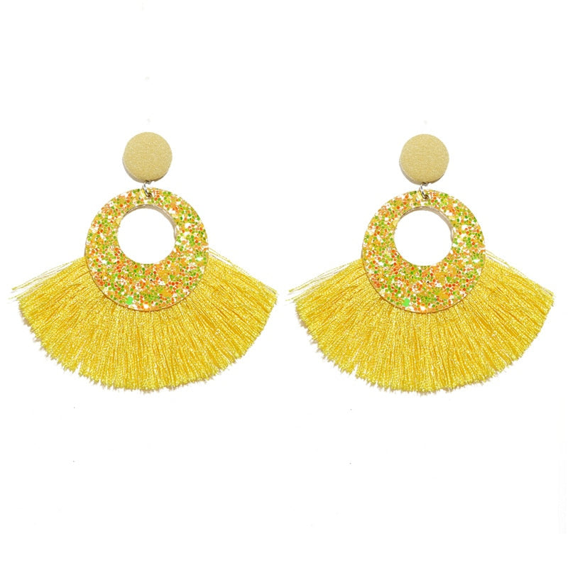 Fan Shaped Fashion Bohemian Big Tassel Drop Earrings w/ Hollow Gold Circle