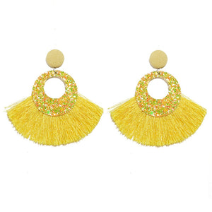 Fan Shaped Fashion Bohemian Big Tassel Drop Earrings w/ Hollow Gold Circle