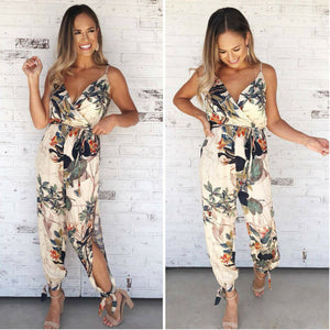 Women's Floral Side Split & Ankle Strap Pant Romper