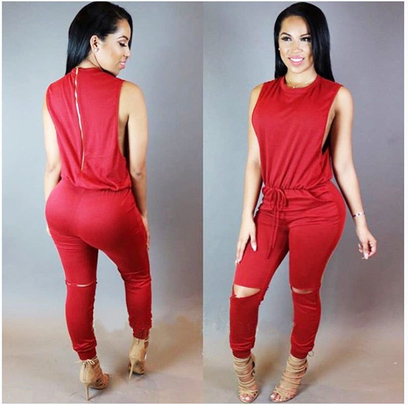 Women's Zipper Romper - Sexy Ripped Pant Jumpsuit