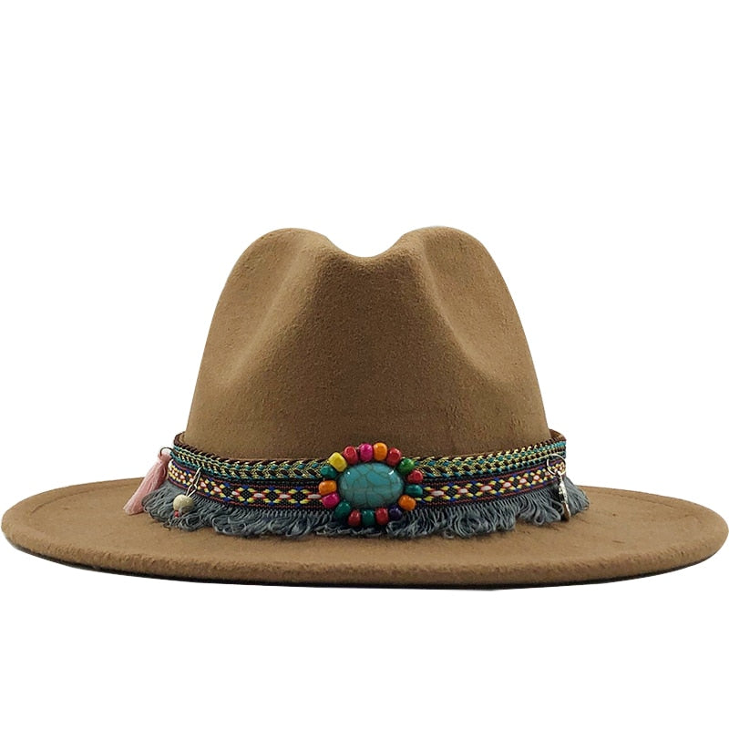 Wool Felt Fedora with Bohemian Tassel Strap - Men's Hat